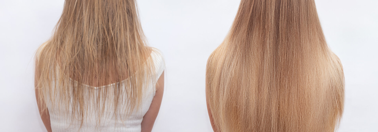 Frau vor und nach der Haarverlängerung auf weißem Hintergrund. Haarverlängerung, Schönheit, Tress, Haarwachstum, Styling, Salon-Konzept. Länge und Volumen