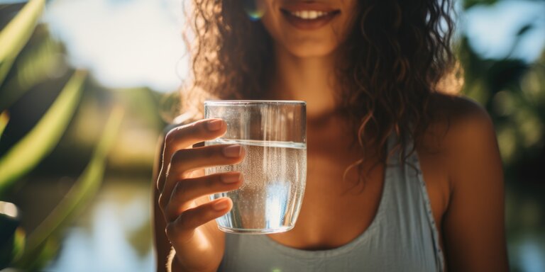 Frau trinkt Wasser, beginnt neuen Tag mit gesunder Gewohnheit, natürliches stilles Wasser im Wohnzimmer zu Hause am Morgen, Lifestyle Healthcare-Konzept, generative ai