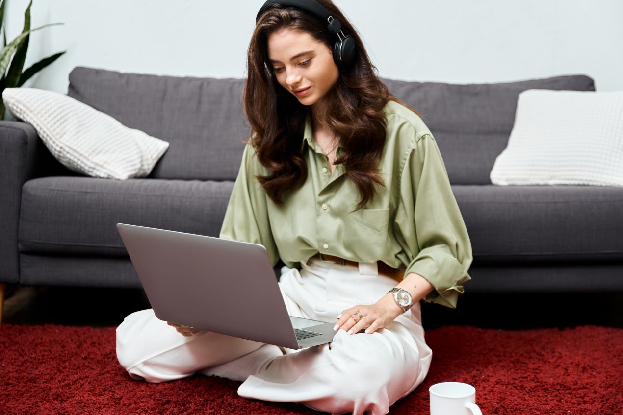 Junge Frau sitzt mit Laptop und Kopfhörern entspannt auf dem Boden und lernt digital. E-Learning Content fördert flexible Weiterbildung und mentale Erholung.