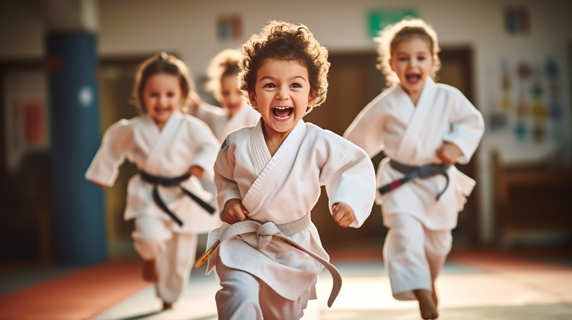 Kinder rennen im Karateanzug | Kinderkarate München