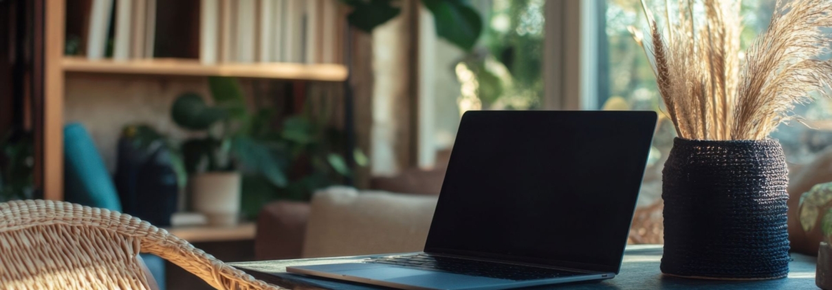 Gemütlicher Arbeitsplatz mit Laptop, Pflanzen und Tageslicht – gestaltet für eine ruhige Atmosphäre