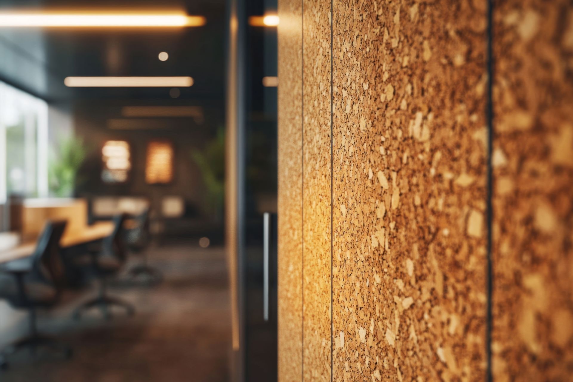 Fokus auf strukturierte Korkwand in einem modernen Büro mit warmem Licht und Pflanzen im Hintergrund
